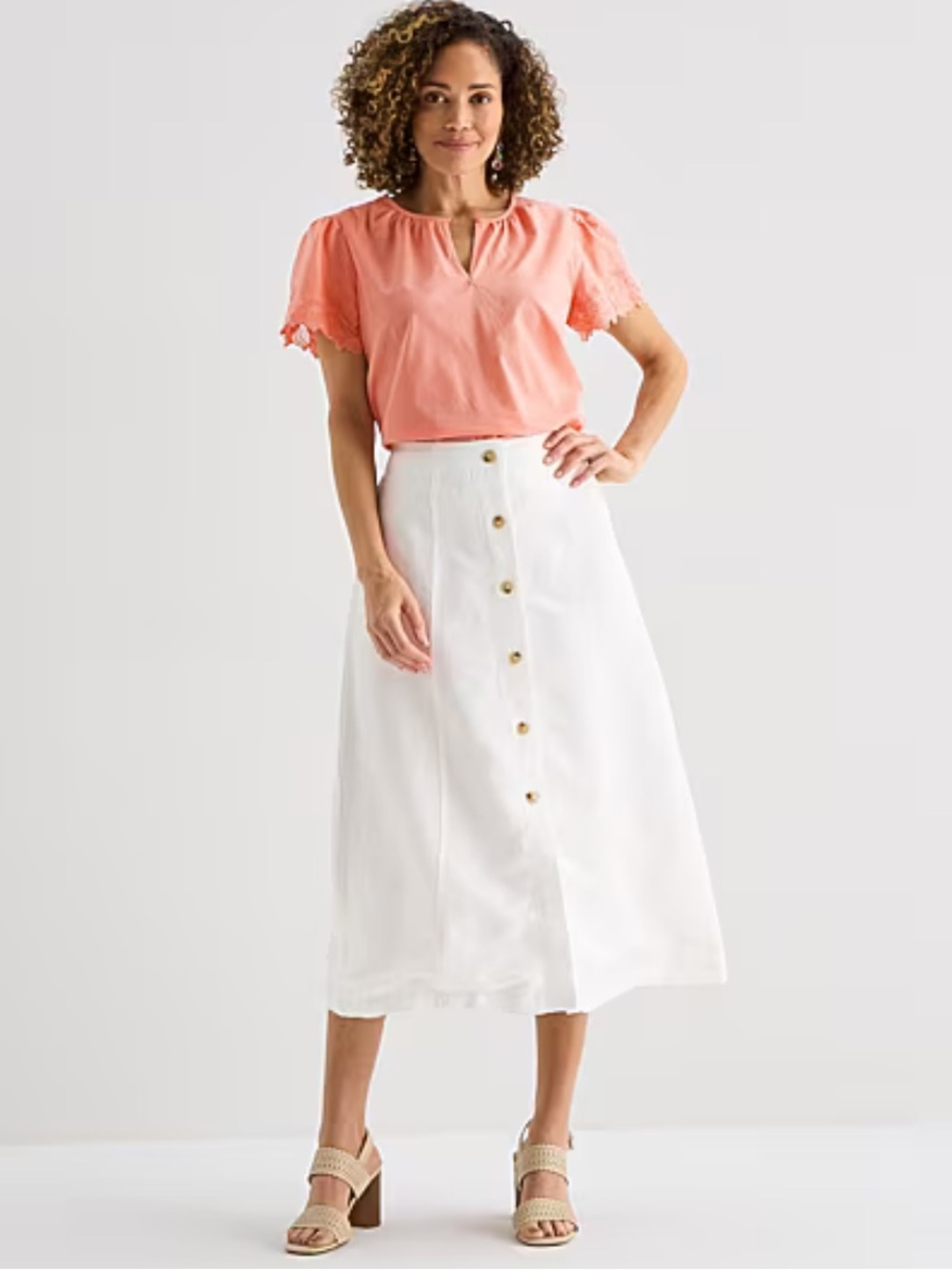 Liz Claiborne White Button-Front Midi Skirt Size 10 NWT